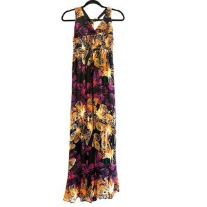 Fire Los Angeles Floral Tropical Halter Maxi Dress Gold Purple Multicolor Medium